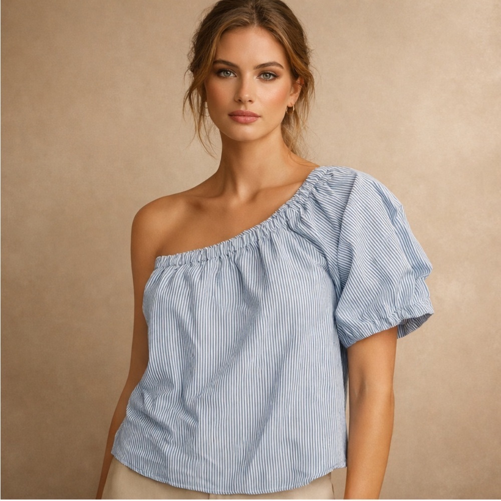 LOFT Blue White Stripe Off Shoulder Top Puff Sleeve Blouse M